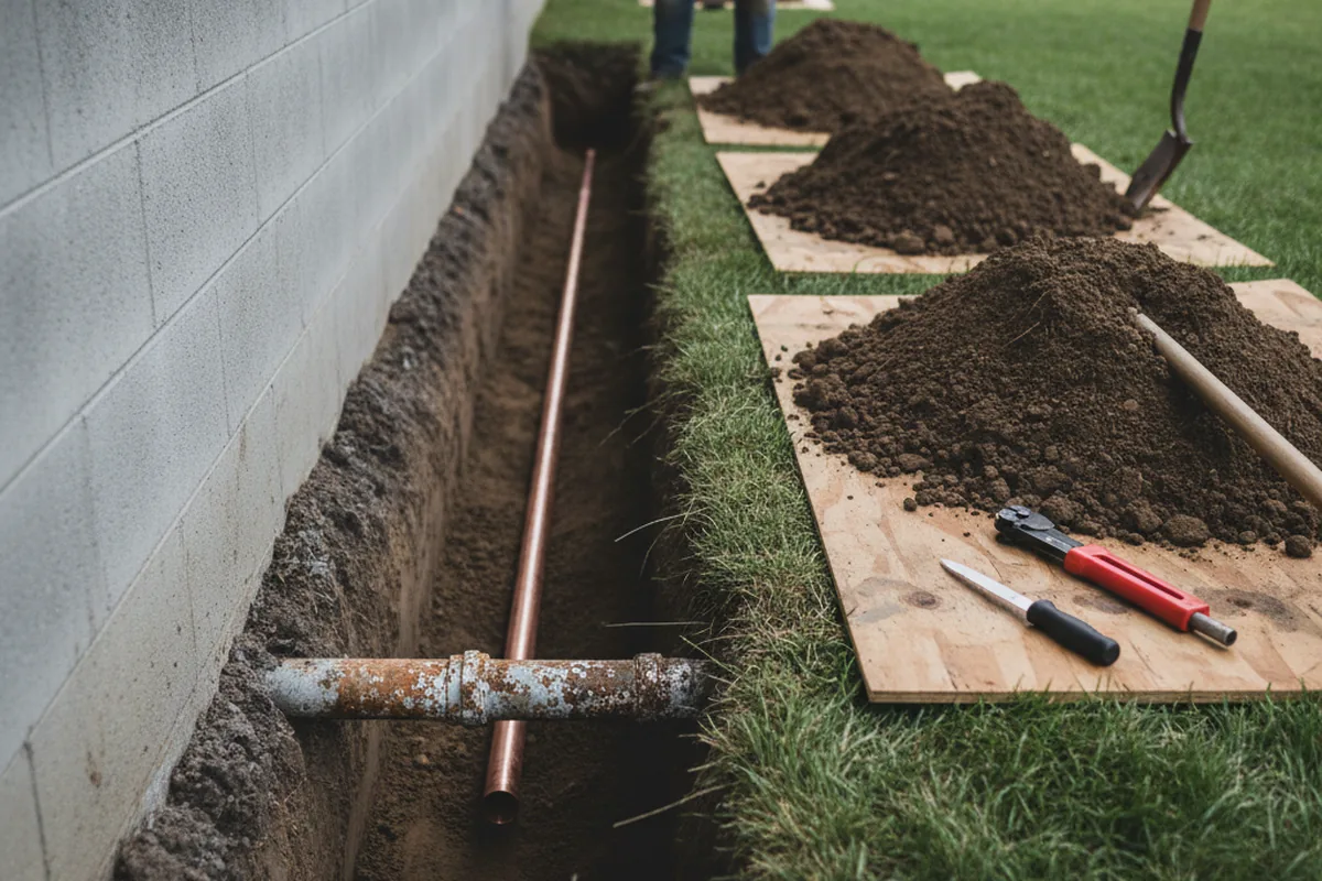 Excavated water line trench during Water Heater Repair in Adairville